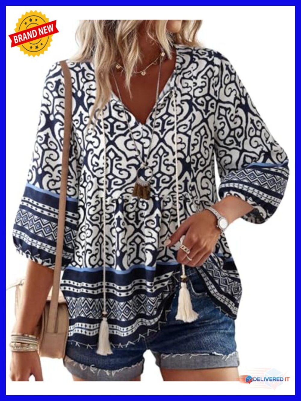 Boho Floral Babydoll Peplum Blouse - 3/4 Sleeve V-Neck Tie Front Tunic